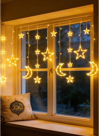 135 ليد أضواء رمضان ، نجمة القمر رمضان ديكورات مع البعيد و الطاقة المزدوجة (البطارية / أوسب) ، الدافئة الأبيض الستار أضواء للمنزل عطلة حزب ديكور - view 4